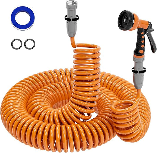 SPECILITE 3/8” Lightweight Coil Garden Hose 100 FT, EVA Retractable Curly Water Pipe with 6-Pattern Spray Nozzle for Boat, Greenhouse, Yard, Patio (Orange)