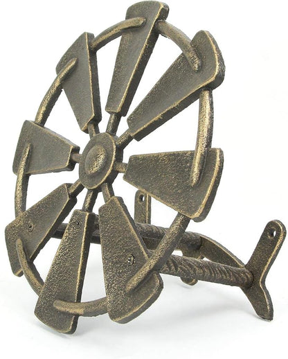 Bronze Finish Cast Iron Farmhouse Windmill Decorative Wall Mounted Garden Hose Hanger Outdoor Hose Holder Decor - 12 Inches in Diameter - Simple Installation