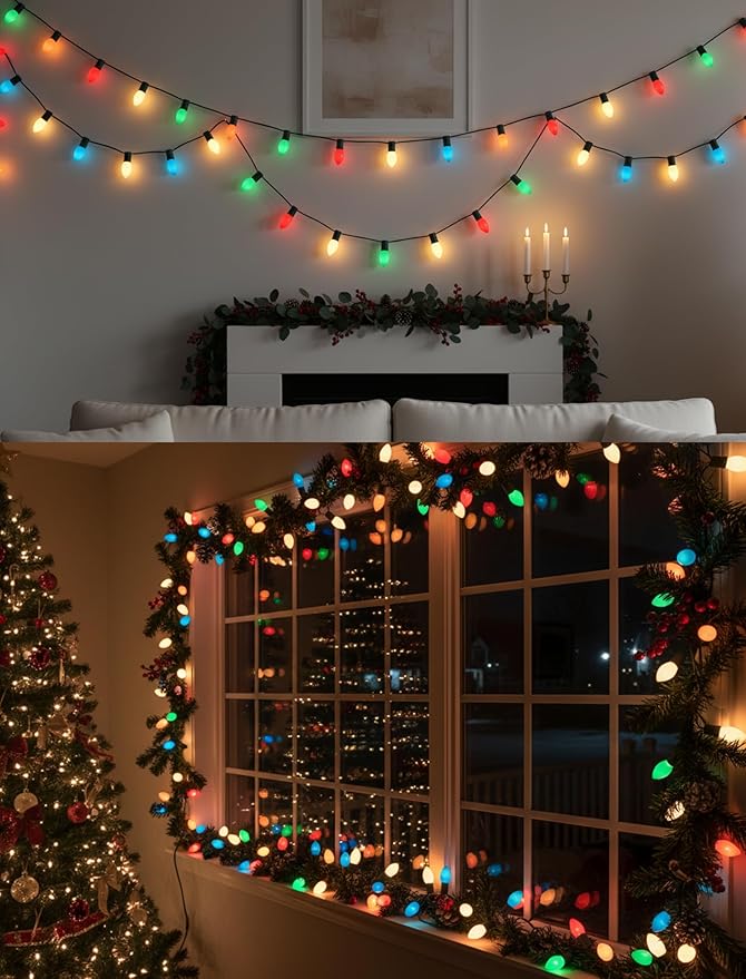 SUNSGNE Vintage C9 LED Christmas Lights Outdoor, 25FT C9 Retro Christmas Lights with 25 LED Shatterproof Bulbs for Roofline Holiday Party Indoor Outdoor Garden Patio Backyard Xmas Decoration