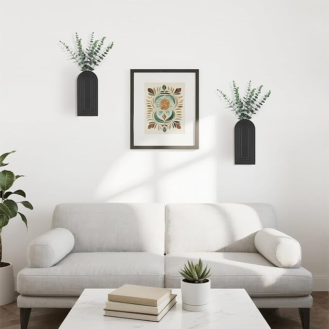 Dahey Wood Wall Planter Vase with Artificial Eucalyptus, 2 Pack Hanging Planter for Indoor Fake Plants Modern Boho Farmhouse Wall Art Decor for Bathroom Bedroom Kitchen Office Home Decoration, Black