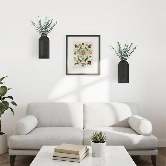 Dahey Wood Wall Planter Vase with Artificial Eucalyptus, 2 Pack Hanging Planter for Indoor Fake Plants Modern Boho Farmhouse Wall Art Decor for Bathroom Bedroom Kitchen Office Home Decoration, Black