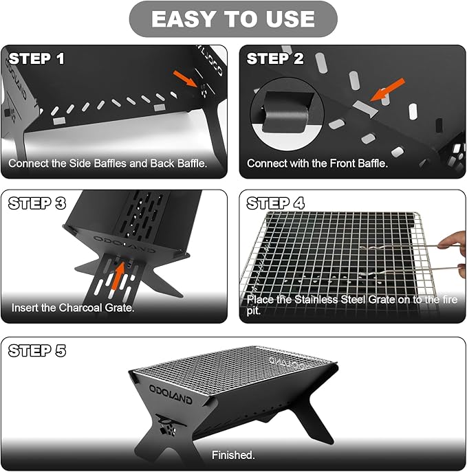 Odoland Camping Campfire Grill, Portable Folding Charcoal Grills, Backpacking BBQ Grill, Heavy Duty Firepit Grill with Carry Bag for Outdoor Cooking, Bonfire, Patio, Backyard