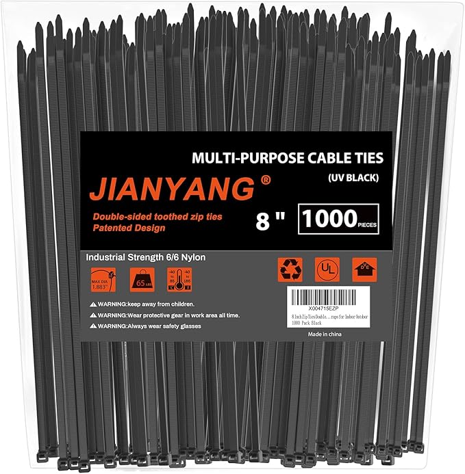 8 Inch Zip Ties Double Sided Toothed (Bulk 1000 Pack Black),65lbs Tensile Strength Heavy Duty Cable Wire Ties with Self-Locking Adjustable Nylon Tie Wraps for Indoor Outdoor (Patented Design)