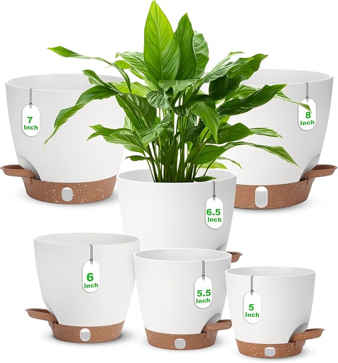 Self Watering Planter Set with Visual Water Level, 6Pack Small Plastic Pot with Drainage Holes and Reservoir Saucers, Modern 8+7+6.5+6+5.5+5 Inch Bottom Watering Flower Pots for Indoor Plant - White