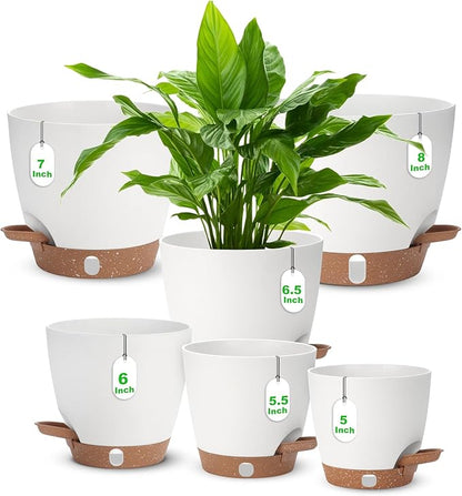Self Watering Planter Set with Visual Water Level, 6Pack Small Plastic Pot with Drainage Holes and Reservoir Saucers, Modern 8+7+6.5+6+5.5+5 Inch Bottom Watering Flower Pots for Indoor Plant - White