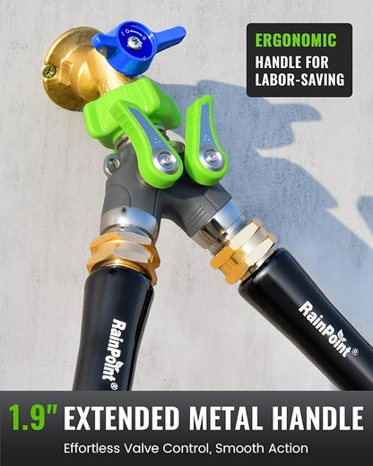 RAINPOINT Garden Hose Splitter, 2 Way Heavy Duty Water Hose Y Spigot Splitter with Shutoff Valves, 100% Metal Body Outdoor Faucet Splitter, 1.9" Extra Long Metal Handle, 3/4" GHT Thread (2, Green)