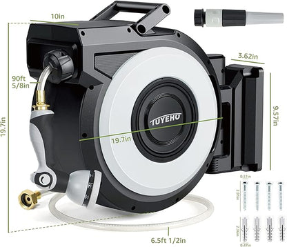 Tuyeho Retractable Garden Hose Reel 5/8" x 90 ft, Wall Mount Water Hose Reels with Automatic Slow Rewind System, Outdoor Hoses Reel with 2 Hose Nozzles for Garden Watering, Car Wash, Pet Shower