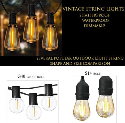 Outdoor String Lights 36ft with LED Filament Bulbs 30+2(Spare) Dimmable Shatterproof Waterproof, for Indoor/Outdoor Decoration and Lighting, Edison Vintage Style Warm 2200K
