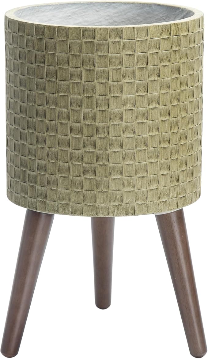 D'vine Dev 10 Inch Modern Geometric Tile Patterned Sleek Planter Pot with Stand, Indoor Outdoor Decorative Plant Holder, Distressed Olive, 88-Z-B-4