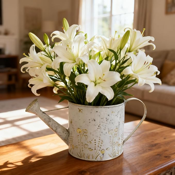 Vintage Metal Watering Can with Floral Embossed Design Garden Distressed White Decorative Watering Pot Planter Rustic Farmhouse Waterer for Home Indoor Outdoor Garden Balcony Courtyard (White#2)