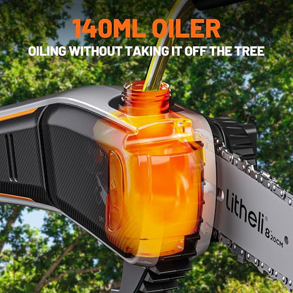 Litheli 20V Pole Saw Battery Powered for Tree Trimming, 8'' Electric Cordless Pole Chain Saw with 2.5Ah Battery for Tree Trimming 28ft/s Cutting Speed for Branch Cutting, Trimming, Pruning