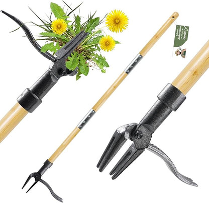 Weed Puller Tool, Stand Up Heavy Duty Weed Remover Tool with Long Handle & 4-Claw Steel Head, Bamboo Garden Hand Weeding Tool - Easily Remove Weeds Without Bending, Pulling,or Kneeling