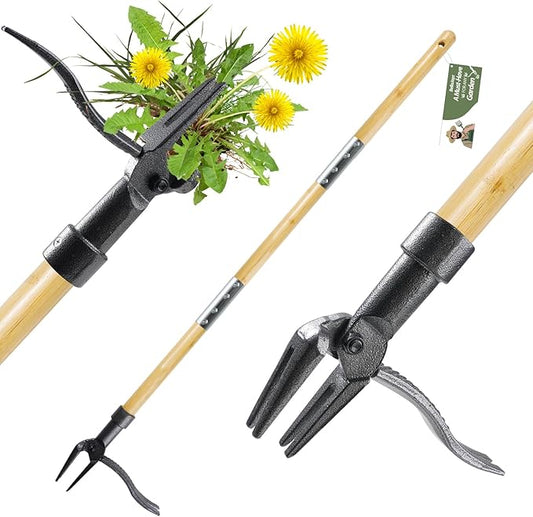 Weed Puller Tool, Stand Up Heavy Duty Weed Remover Tool with Long Handle & 4-Claw Steel Head, Bamboo Garden Hand Weeding Tool - Easily Remove Weeds Without Bending, Pulling,or Kneeling