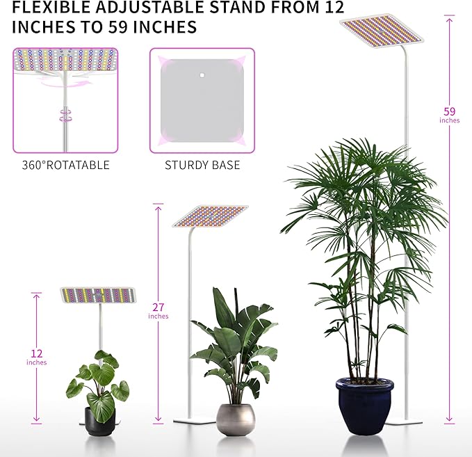 BESTVA 48W Grow Lights for Indoor Plants with Stand, Full Spectrum LED Plant Light for Indoor Plants,12-59 Inches Height Adjustable Growing Lamp with Auto On/Off Timer 4H/8H/12H, 4 Dimmable Brightness