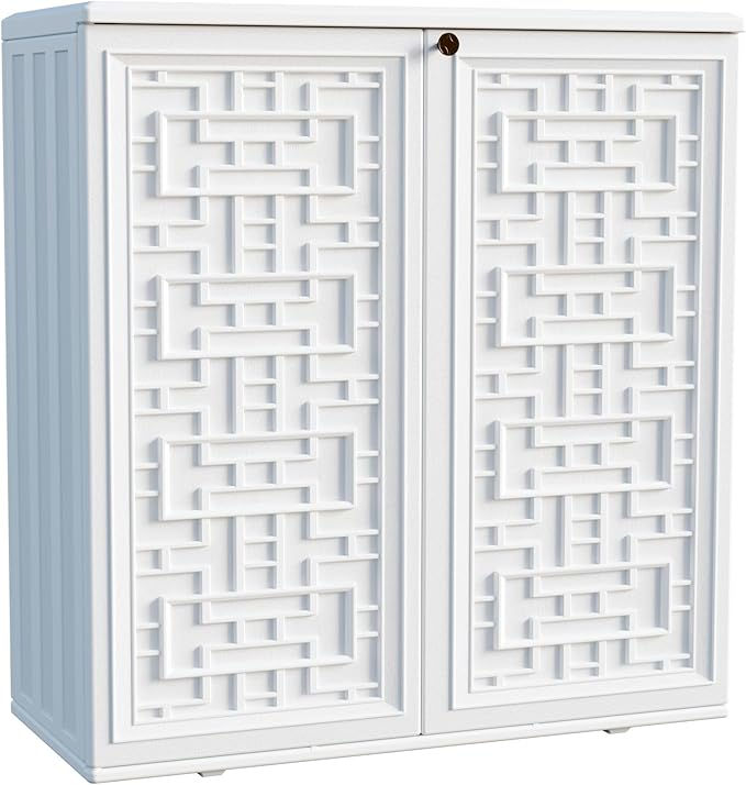 Indoor Outdoor Storage Cabinet Waterproof with Shelf, Off White Plastic Outdoor Cabinets for Patio/Garden/Backyard, Size 34.3''L*15''W*36.2''H