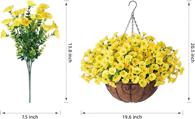 Artificial Fake Hanging Flowers Plants Baskets for Outdoor Decoration, Faux Silk Morning Glory in Planter UV Resistant Realistic for Home Outside Porch Patio Balcony Garden Yard Home Decor, Yellow