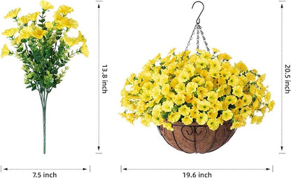 Artificial Fake Hanging Flowers Plants Baskets for Outdoor Decoration, Faux Silk Morning Glory in Planter UV Resistant Realistic for Home Outside Porch Patio Balcony Garden Yard Home Decor, Yellow