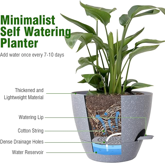 10 inch Self Watering Pots, Planter, Plant Pots with Mesh Drainage Holes for Indoor Outdoor House Plants and Garden, Set of 2 Plastic Flower Pots with Deep Reservoir, Speckled Grey