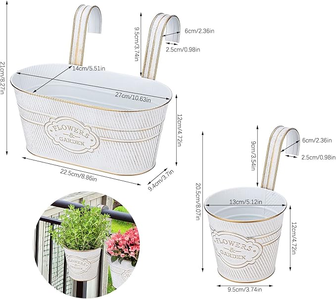 PerGar Vintage Metal Iron Wall Hanging Flower Pots, Rustic Planter Bucket Herb Flower Plant Holder with Detachable Hooks & Drainage Hole for Railing Fence Balcony Deck Garden Home Decoration, Set of 3
