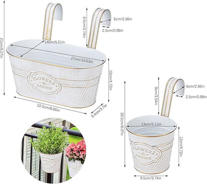 PerGar Vintage Metal Iron Wall Hanging Flower Pots, Rustic Planter Bucket Herb Flower Plant Holder with Detachable Hooks & Drainage Hole for Railing Fence Balcony Deck Garden Home Decoration, Set of 3