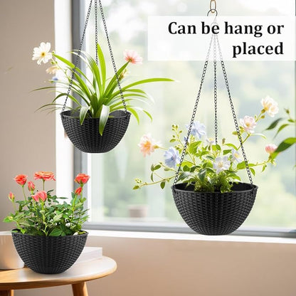 Hanging Planters for Indoor Outdoor Plants 8 and 10 Inch, 4 Packs Hanging Flower Pot with Drainage Holes, Self-Watering Hanging Basket Perfect for Home, Office and Garden, Black