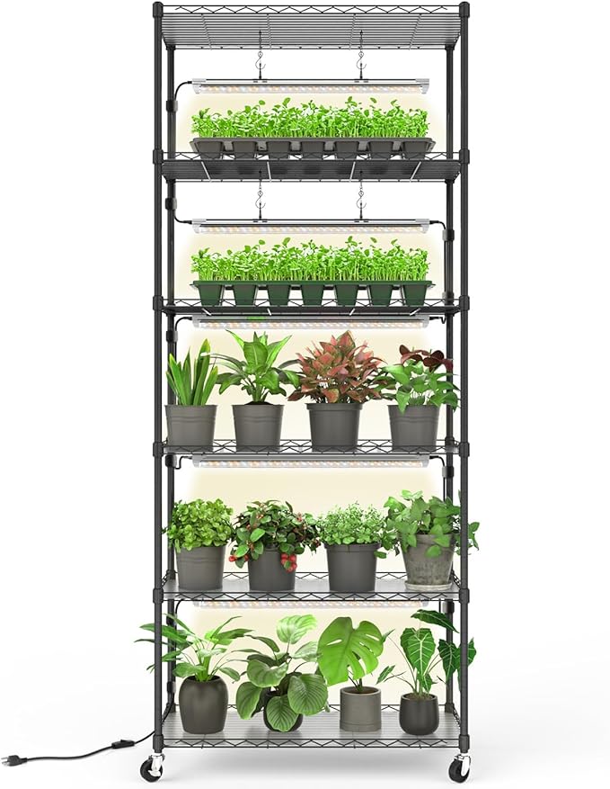 Bstrip Plant Shelf with Grow Light, Metal Plant Stand with Adjustable Rack and Wheels, 5 Pack 24W Full Spectrum Grow Light Strip for Indoor Plants, Seed Starting, Seed Tray, 29.5"x13.8"x71"