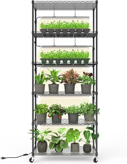 Bstrip Plant Shelf with Grow Light, Metal Plant Stand with Adjustable Rack and Wheels, 5 Pack 24W Full Spectrum Grow Light Strip for Indoor Plants, Seed Starting, Seed Tray, 29.5"x13.8"x71"