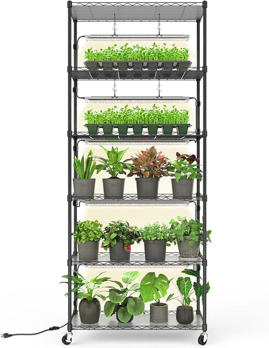 Bstrip Plant Shelf with Grow Light, Metal Plant Stand with Adjustable Rack and Wheels, 5 Pack 24W Full Spectrum Grow Light Strip for Indoor Plants, Seed Starting, Seed Tray, 29.5"x13.8"x71"