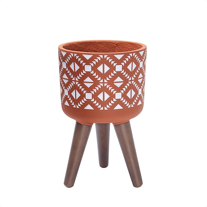 D'vine Dev 8 Inch Planter Pot with Stand, Mid-Century Tall Plant Pot with Legs for Indoor Plants, Pottery Red Terracotta/White, 88-G-A-5
