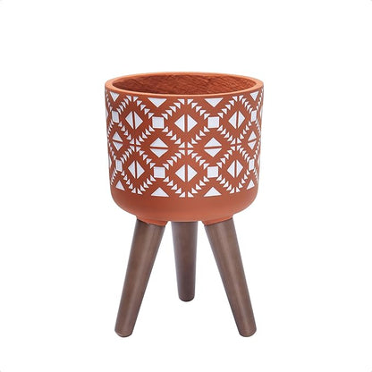D'vine Dev 8 Inch Planter Pot with Stand, Mid-Century Tall Plant Pot with Legs for Indoor Plants, Pottery Red Terracotta/White, 88-G-A-5