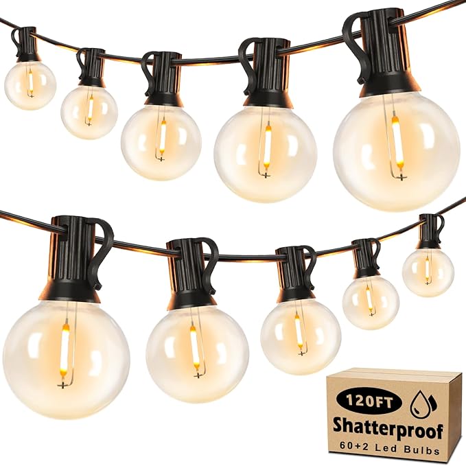 Brightever 120ft Outdoor G40 LED Globe String Lights Dimmable Waterproof Shatterproof Light Strings with 60+2 Bulbs Connectable Commercial Hanging Lights for Patio House Backyard Balcony