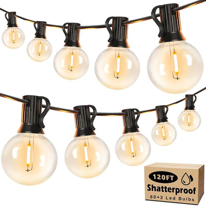Brightever 120ft Outdoor G40 LED Globe String Lights Dimmable Waterproof Shatterproof Light Strings with 60+2 Bulbs Connectable Commercial Hanging Lights for Patio House Backyard Balcony
