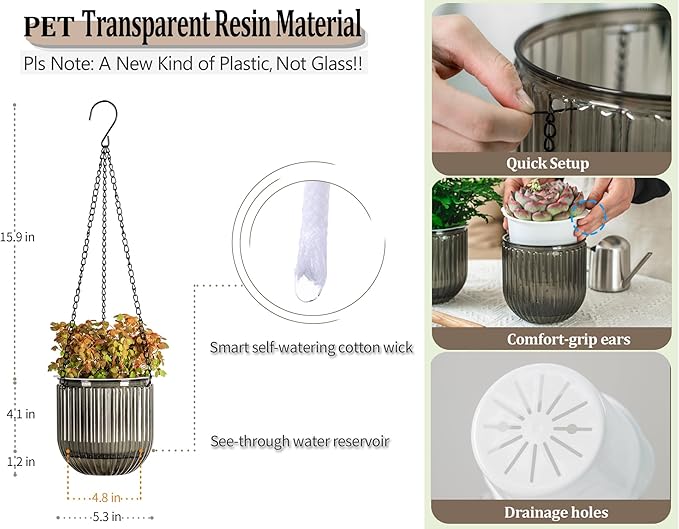 Melphoe 2 Pack Self Watering Hanging Planters Indoor Flower Pots, 5.3 Inch Outdoor Hanging Basket, Plant Hanger with 3Hooks Drainage Holes for Garden Home (Gray)