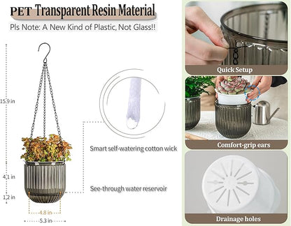 Melphoe 2 Pack Self Watering Hanging Planters Indoor Flower Pots, 5.3 Inch Outdoor Hanging Basket, Plant Hanger with 3Hooks Drainage Holes for Garden Home (Gray)