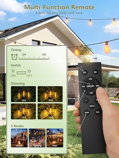 luckystyle 200FT Solar String Lights Outdoor Waterproof 2200K with Remote & USB Charging, 72+4 LED Shatterproof Bulbs, Dimmable & Timable, 3 Light Modes, Long Last for Garden,Patio, Backyard, Camping