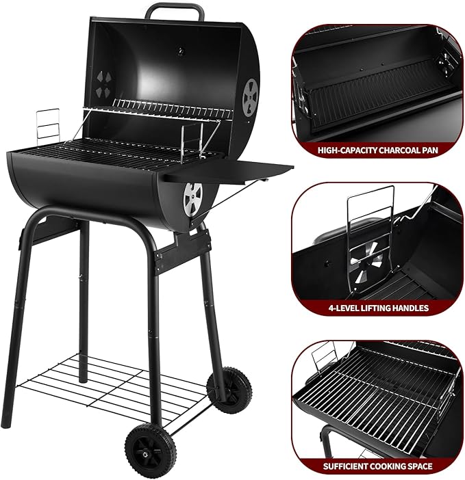 Charcoal Grill Outdoor BBQ Grill, Barrel Charcoal Grills with Side Table, with Nearly 500 Sq.In. Cooking Grid Area, Outdoor Backyard Camping Picnics, Patio and Parties, Black