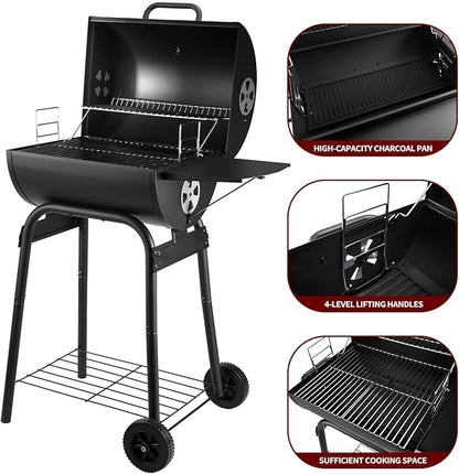 Charcoal Grill Outdoor BBQ Grill, Barrel Charcoal Grills with Side Table, with Nearly 500 Sq.In. Cooking Grid Area, Outdoor Backyard Camping Picnics, Patio and Parties, Black