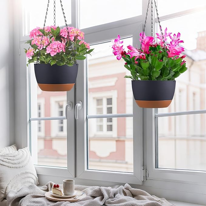 Set of 2 10 Inch Self Watering Hanging Planters for Indoor Outdoor Plants, Color Blocking Hanging Baskets Flower Pots with Drainage Hole & Removable Water-Storage Tray