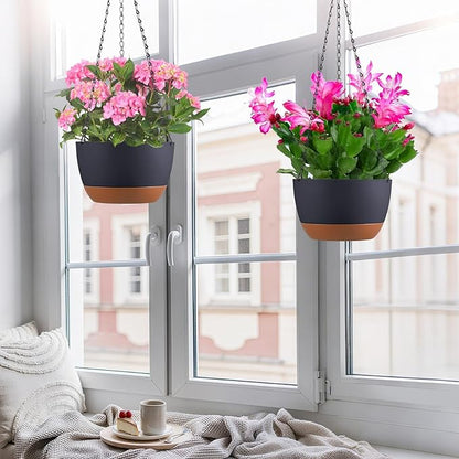 Set of 2 10 Inch Self Watering Hanging Planters for Indoor Outdoor Plants, Color Blocking Hanging Baskets Flower Pots with Drainage Hole & Removable Water-Storage Tray