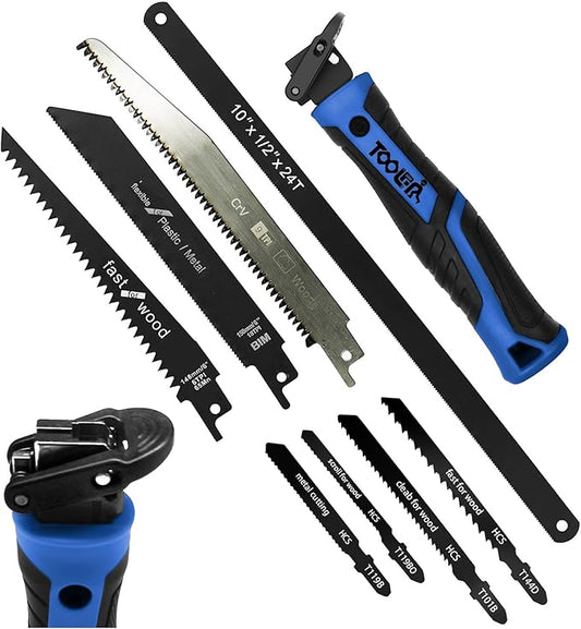 8-In-1 Multi Blades Hand Saw, Drywall Cutter. Hacksaw. Long Blade, Jab Saw, For Cutting Drywall, Sheetrock, Wood, Metel, Plastic, Plywood. Blade Quick Change Mechanism. Blue Handle