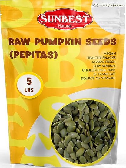 Sunbest Natural Raw Pumpkin Seeds, 5 lbs – Unsalted & Shelled – Bulk Bag, Whole Pepitas, Pumpkin Seeds to Eat – For Snacking, Baking & Topping – Rich in Essential Fatty Acids, Iron & Protein (80 oz)