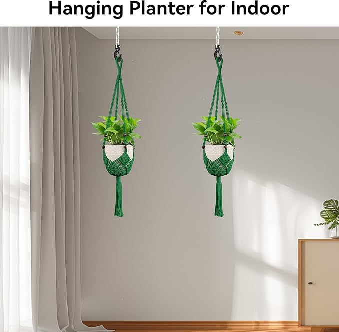 USLAI Macrame Plant Hanger for Indoor Outdoor, Up to 3-6.5 inch Pot, Hanging Planter Flower Pot Holder with Beads and Tassels, Boho Home Decor, 2-Pack, Green