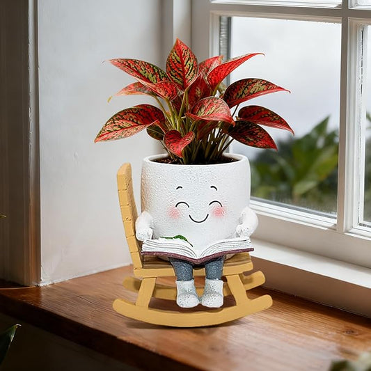 Smily Face Rocking Chair Reading Book Planter Pots, Cute Resin Flower Head Succulent Planters for Indoor Plants, Gift IdeaI for Mother Christmas Birthday with Drainage Hole
