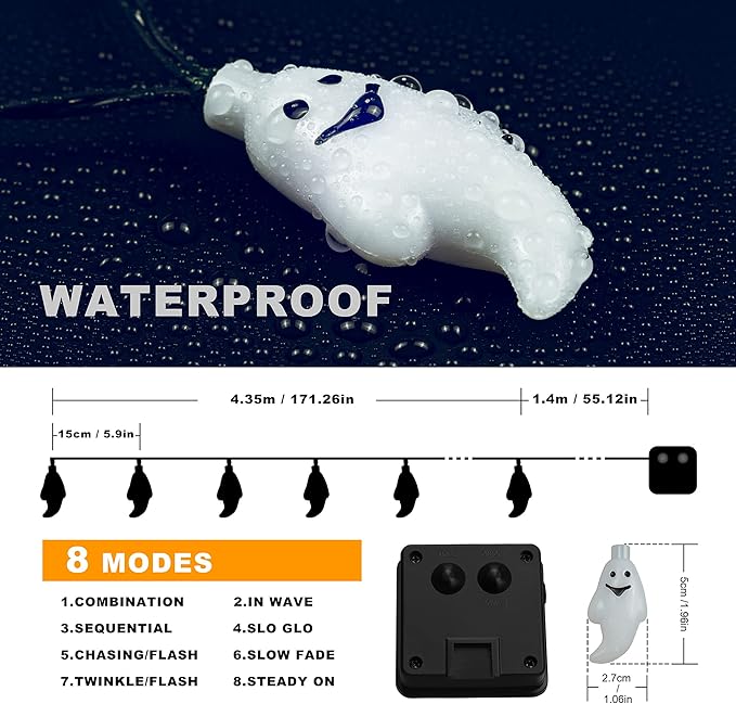 YOUNGAR Solar Halloween Ghost String Lights,2PACK 20ft 30 LED with 8 Modes Waterproof Solar String Lights,Outdoor Fairy Lights for Patio,Garden,Gate,Yard,Halloween Christmas(2Pack,Ghost)