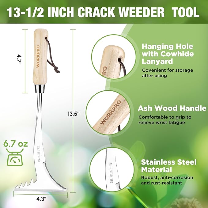 WORKPRO Crack Weeder, 13.5" Stainless Steel Crevice Weeding Tool with Wooden Handle, L-Shaped Side-Walk Weed Puller Spatula, for Garden Lawn Yard Patio Terrace Paving Garden Tool