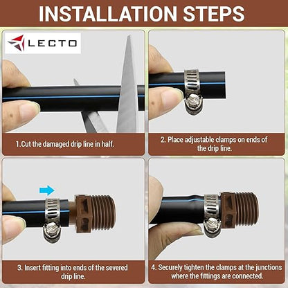 LECTO 1/2" MPT Drip Irrigation Adapter – Fits 1/2" & 5/8" Tubing, Barbed Connector with Stainless Clamp, UV-Resistant (3 Pack)