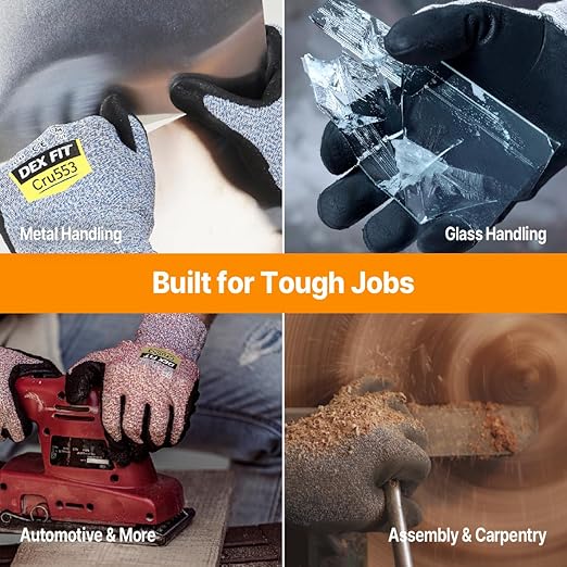 DEX FIT Level 5 Cut Resistant Gloves Cru553, 3D-Comfort Fit, Firm Grip, Thin & Lightweight, Touch-Screen Compatible, Durable, Breathable & Cool, Machine Washable; Grey S (7) 1 Pair