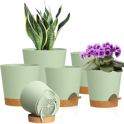 7/6.5/6/5.5/5/4 inch Self Watering Pots for Indoor Outdoor Plants, 6 Pack Plastic Flower Planters with Drainage Holes and Removable Saucers, Plant Pots with Wicking Rope, Green Brown
