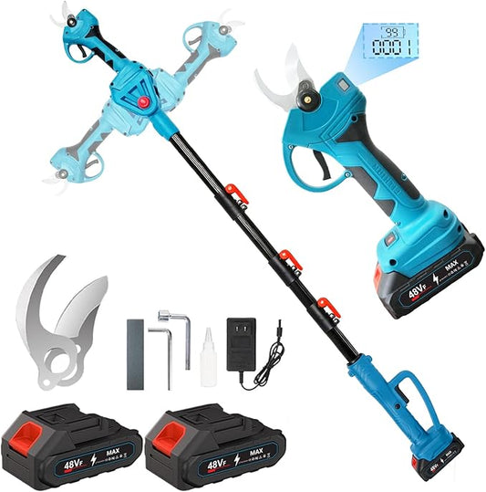 2-IN-1 Brushless Pole Pruning Shear, 2 * 2000mAh Battery, 15ft Reach 1.2" Cutting Diameter, Battery Powered Cordless Electric Pruning Shears, Pole Pruner for Garden Tree Trimming Branch Cutting