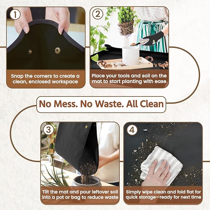 LASZOLA 45 pcs Repotting Set with Potting Mat Tiny Tools for Indoor Plants Succulents, Gardening Bag Kit with Waterproof Tray and Mini Tools, Ideal for Soil Replacement Seedling Transplanting, Black